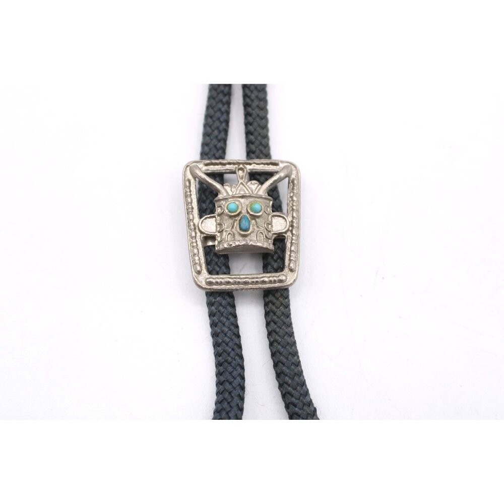 Aztec Zuni Kachina Turquoise Beaded Silver Bolo Tie Gray Braided Cord Brass Tips